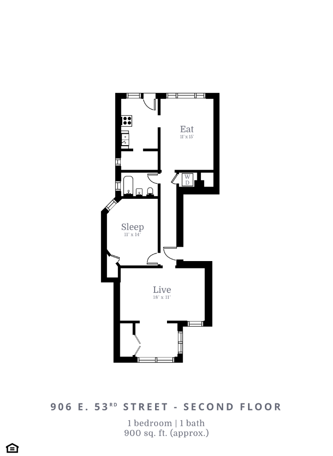 Floor plan for 1 bed, 1 bath, 900 sqft